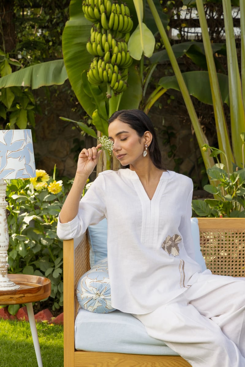White Linen Blend Embroidered Co-ord Set