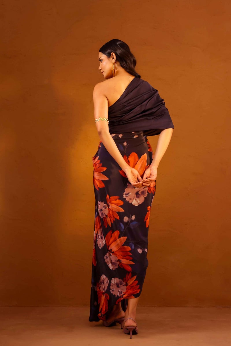 Multicolor One-Shoulder Floral Maxi Gown with Slit