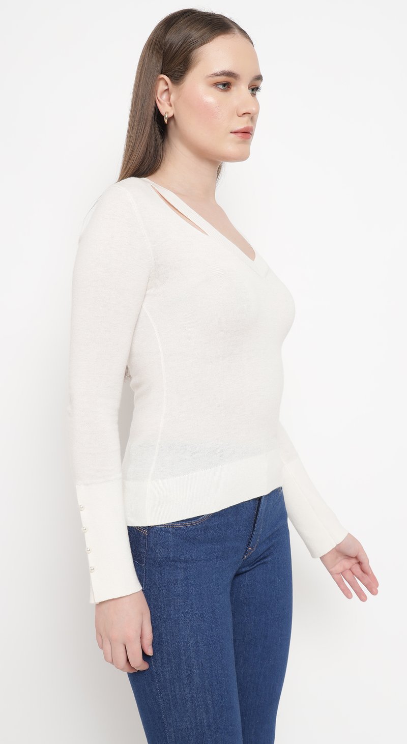 Light Beige V-Neck Slim Fit Sweater with Shoulder Cut-Out