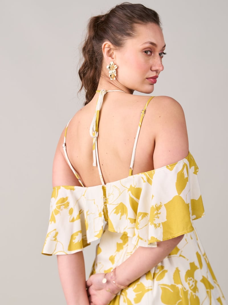 Yellow Floral Halter Neck Cold-Shoulder Wide-Leg Jumpsuit