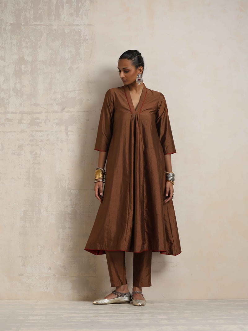 Brown Silk Blend A-Line Kurta Set with Pants