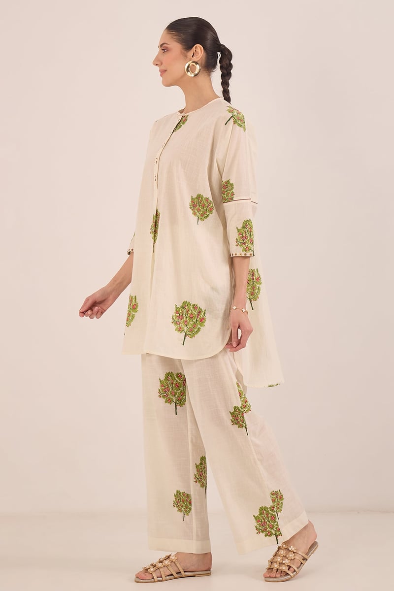 Ivory Cotton Printed Tunic and Wide-Leg Pants Co-ord Set