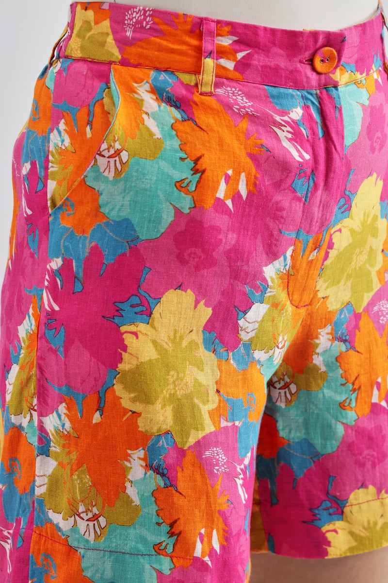 Fuschia Floral Printed Linen Shorts