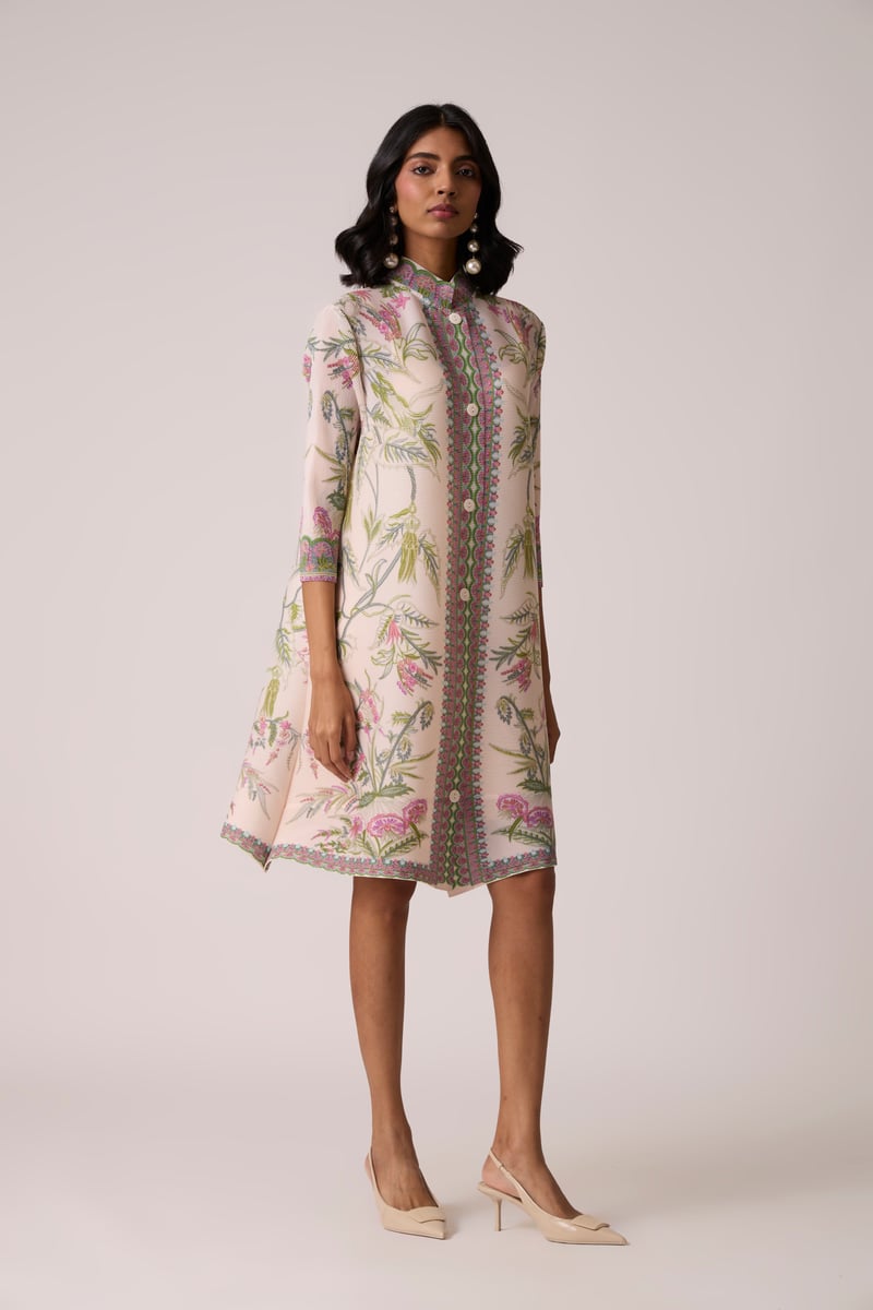 Blush Pink Floral Pleated Tunic Dress with Button Front