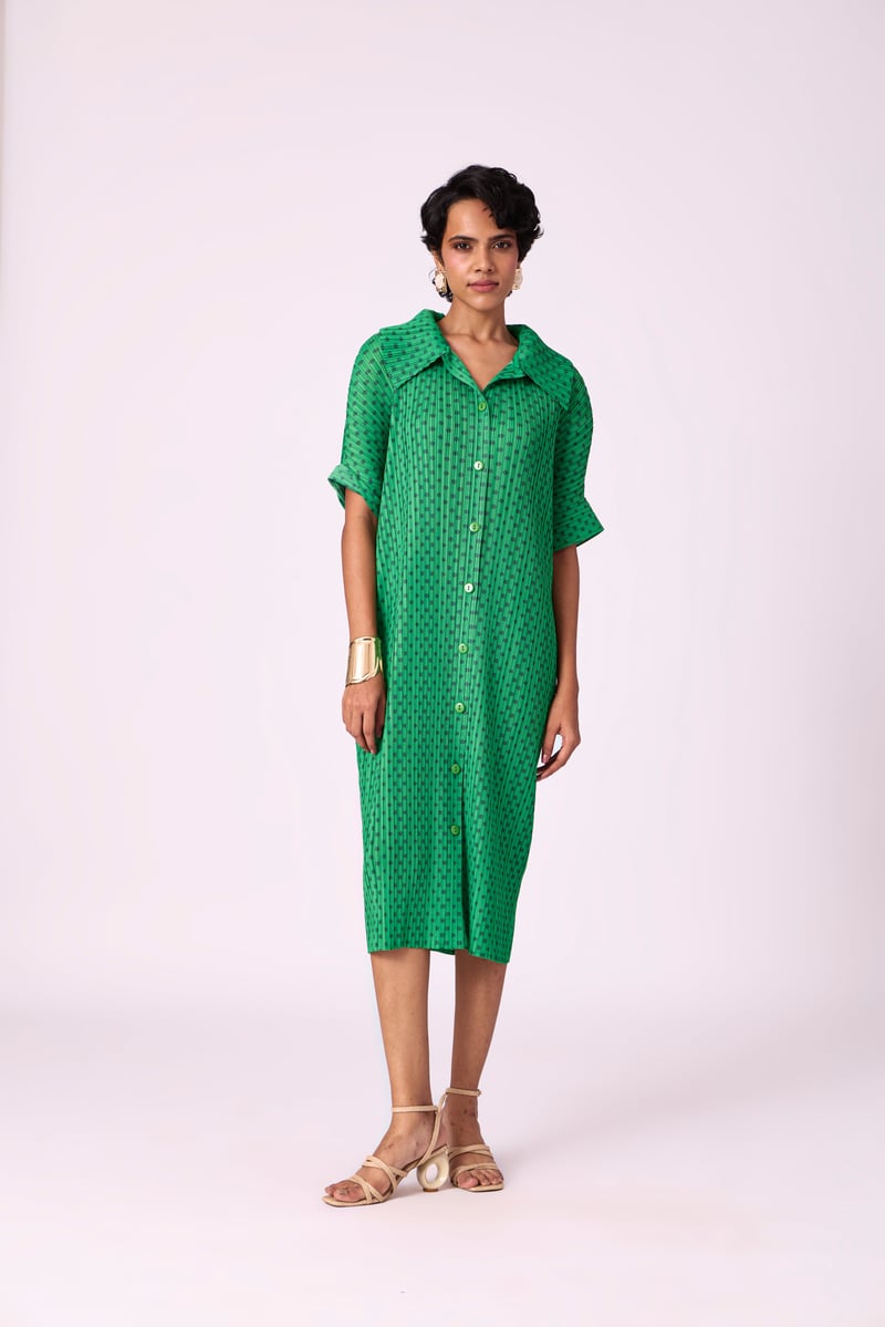 Green Pleated Printed Midi Shirt Dress