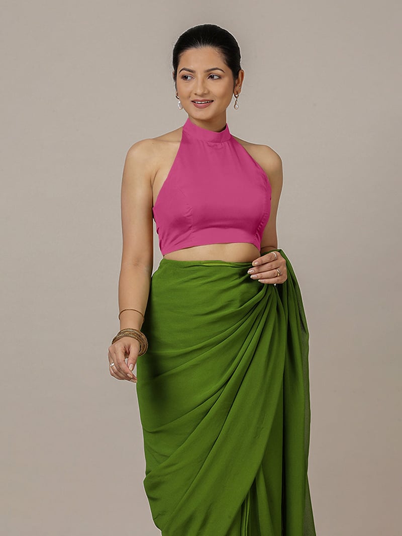 Hot Pink Halter Neck Sleeveless Saree Blouse