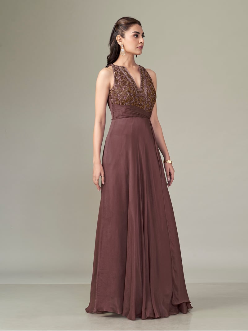 Dusty Rose Chiffon Halter-Neck Embroidered Maxi Gown