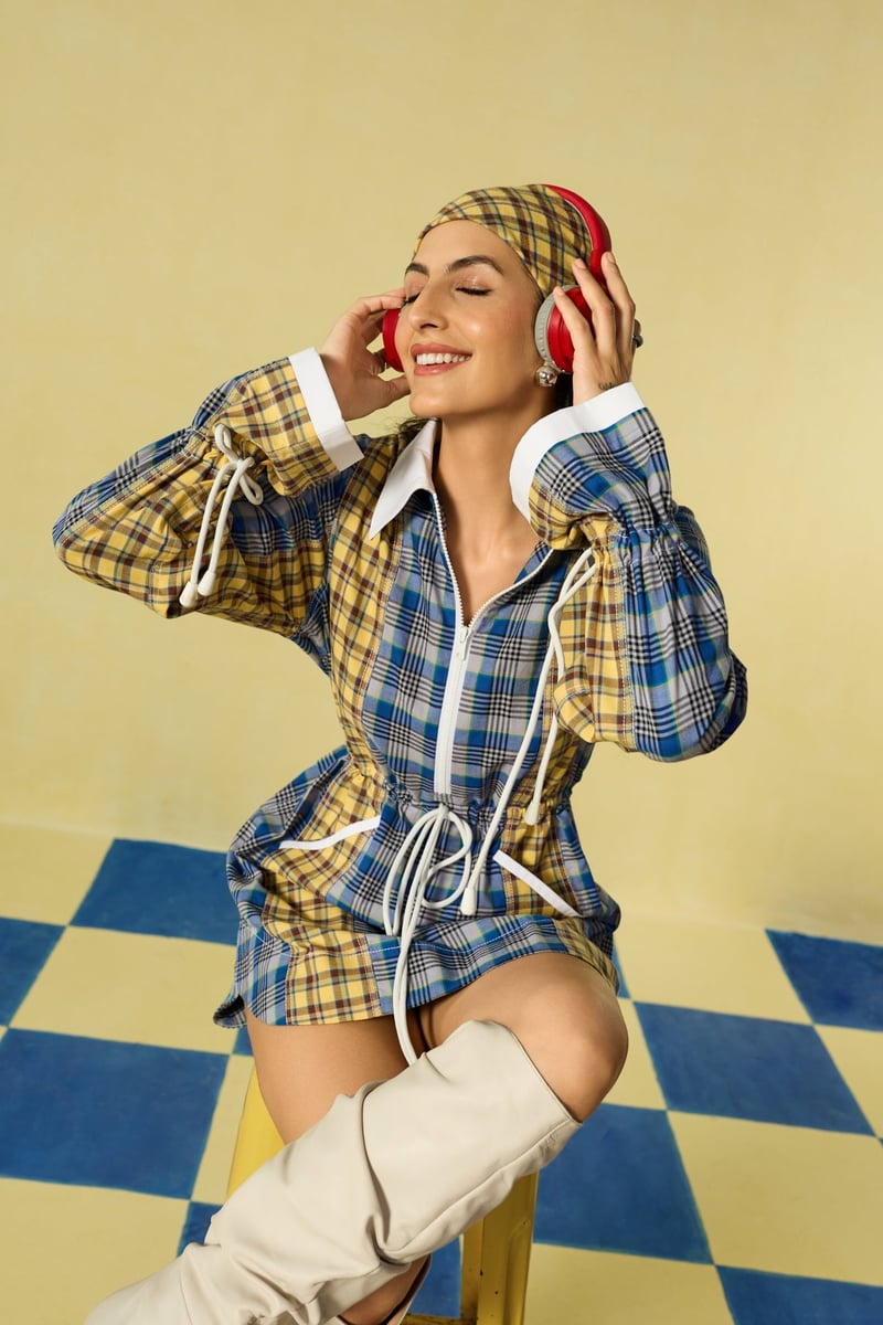 Yellow and Blue Checked Mini Shirt Dress with Half Zip