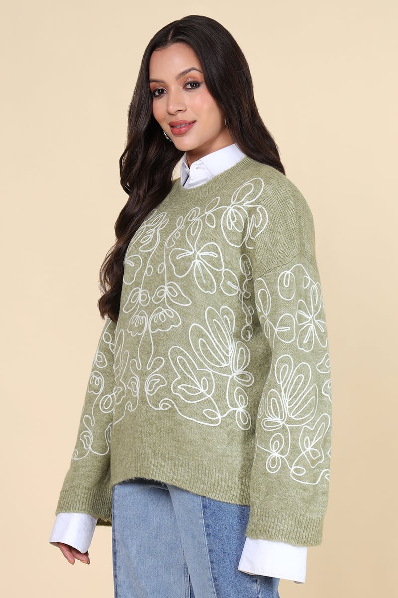 Green Abstract Line-Art Floral Crew Neck Sweater