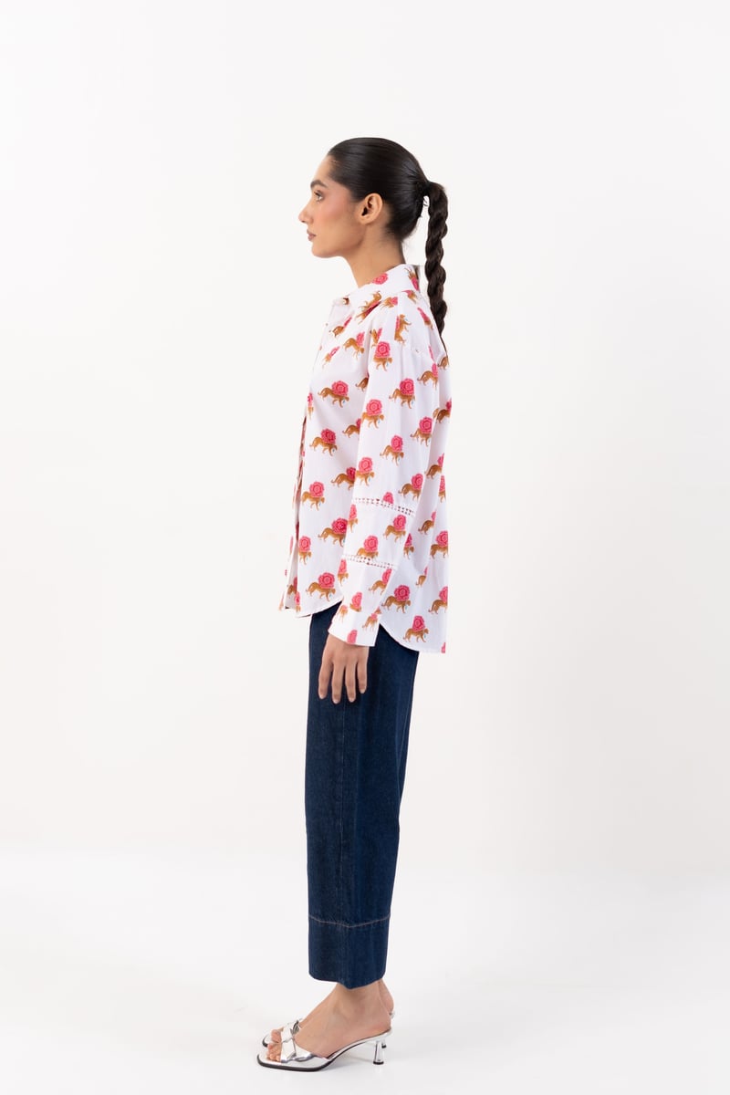 White Oversized Printed Cotton Shirt with Beadwork