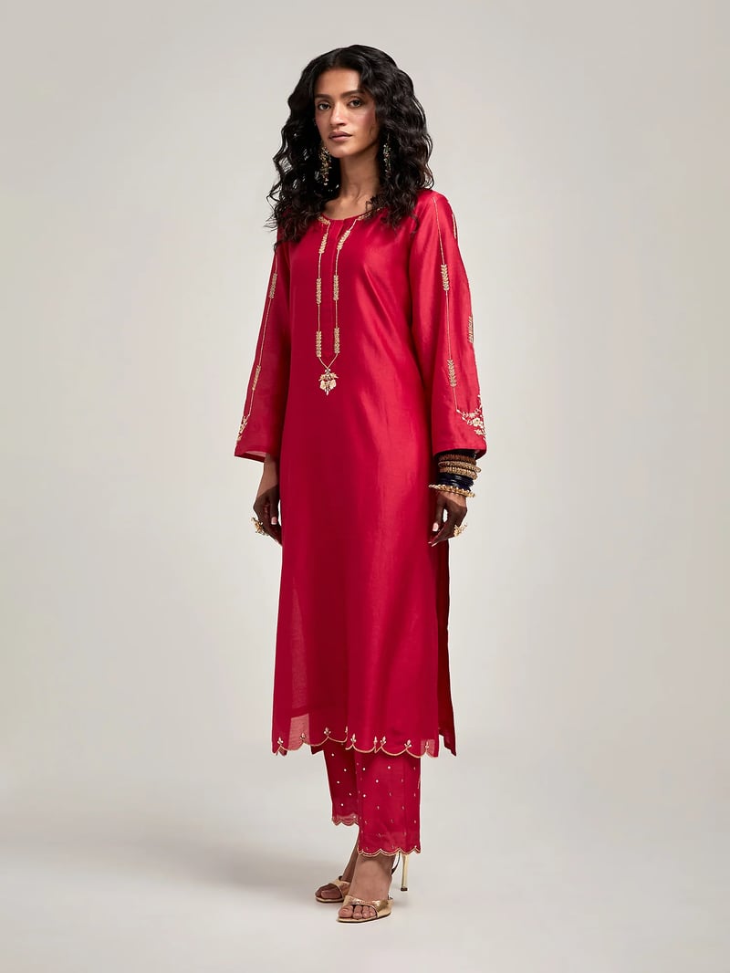 Red Silk Chanderi Embroidered Straight Kurta