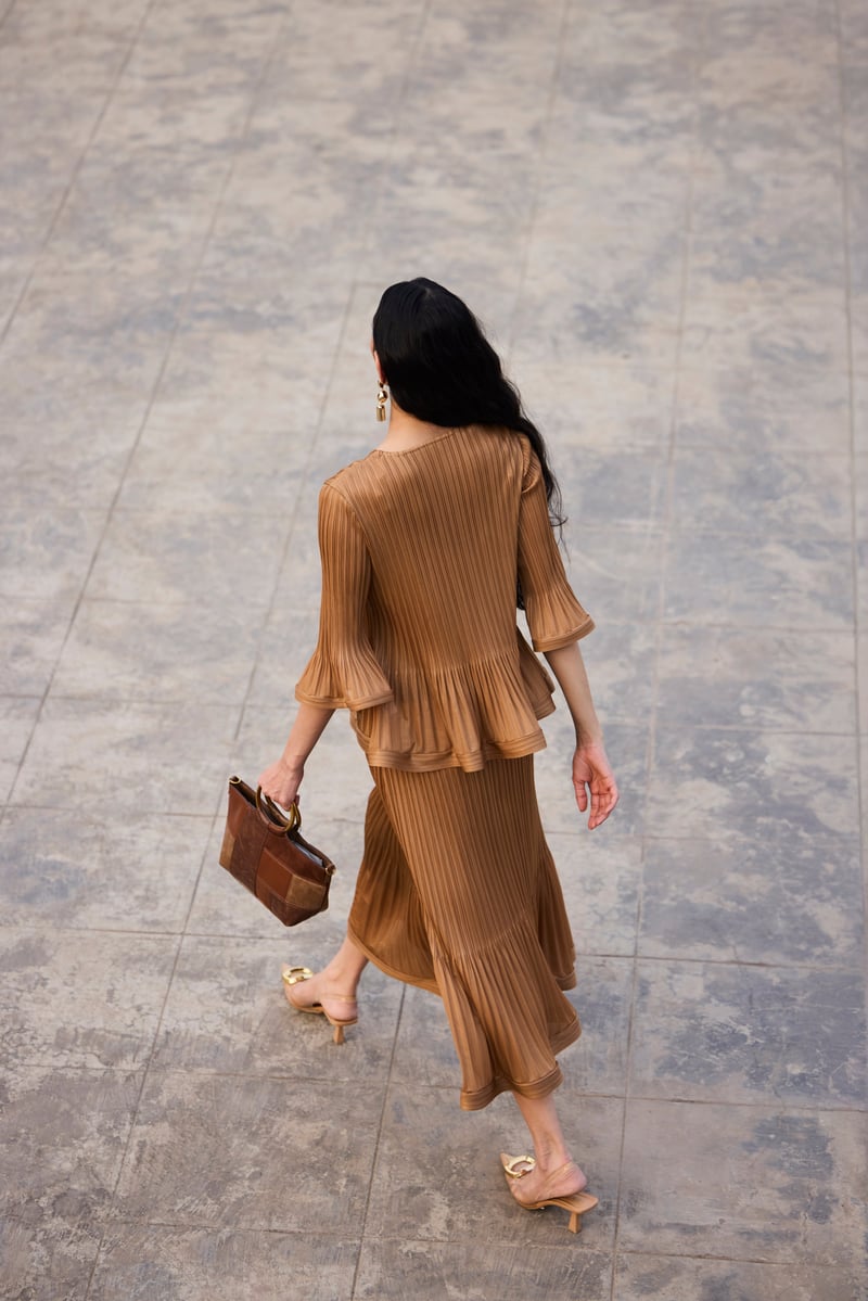 Mocha Pleated Top and Midi Skirt Co-ord Set