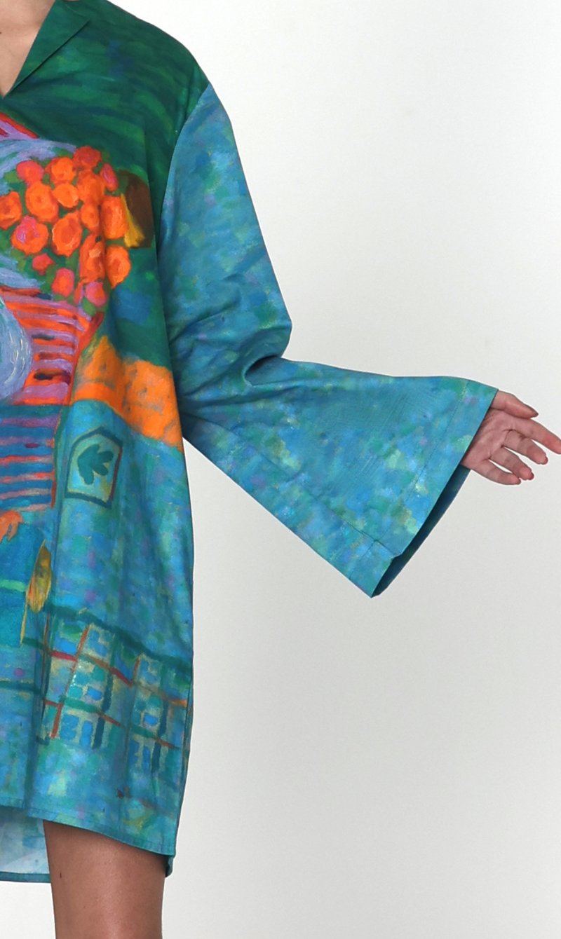 Green/Blue Cotton Satin Art Print A-Line Mini Dress