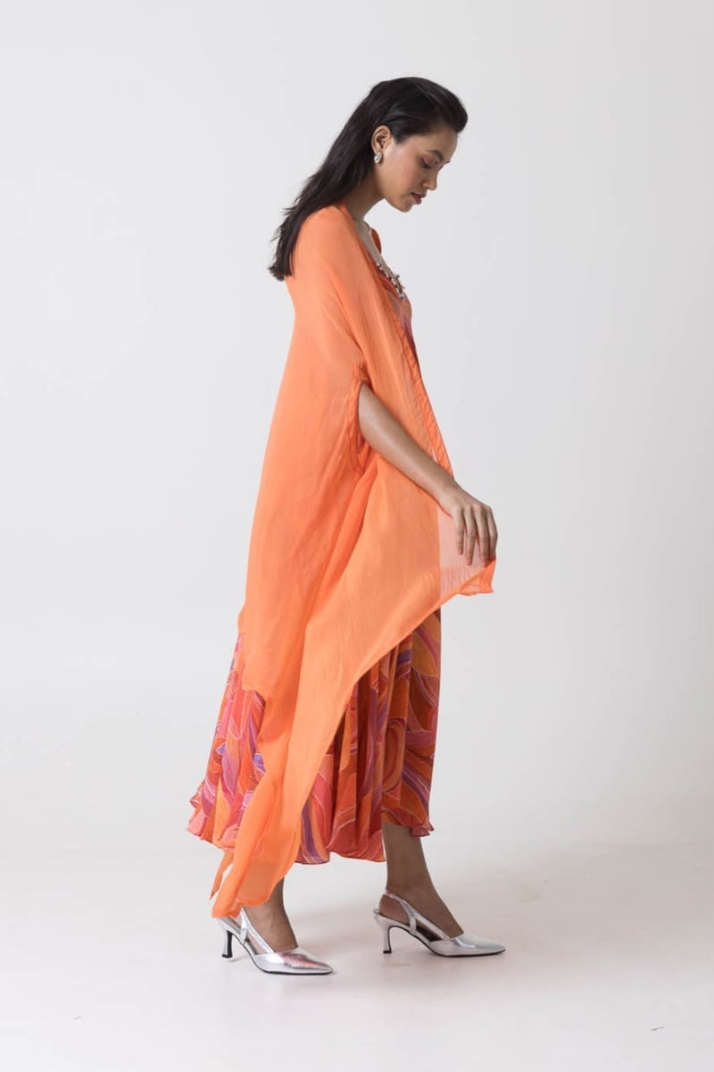 Orange Multicolor Printed Strappy A-Line Midi Dress Set