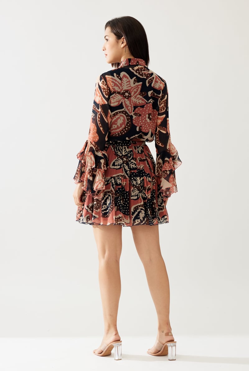 Dark Blue And Pink Floral Frill Top