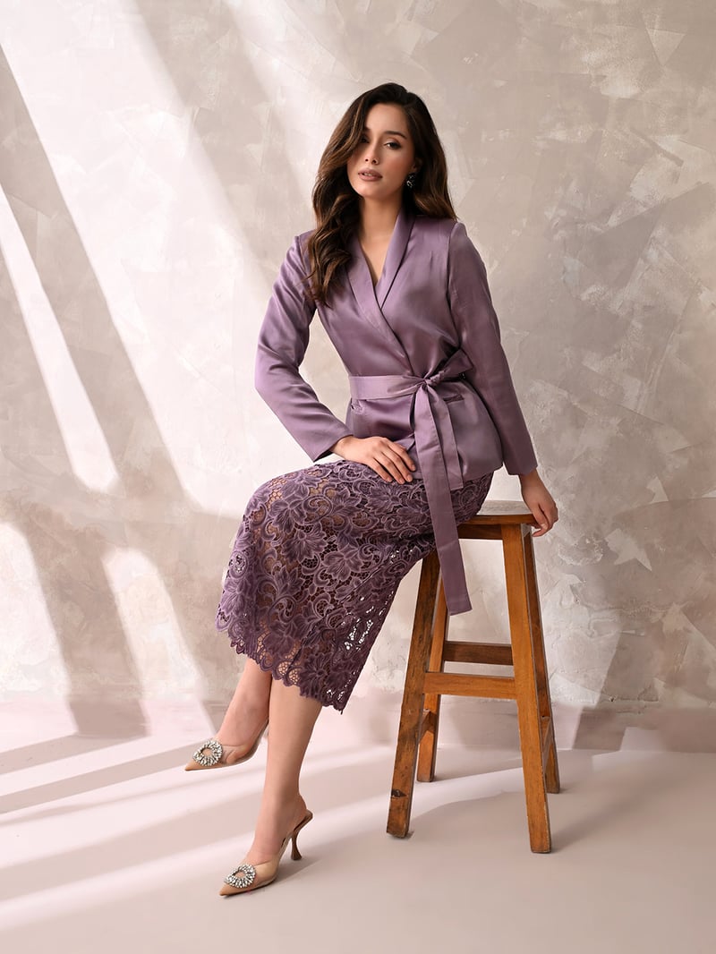 Mauve Wrap Blazer and Lace Midi Skirt Co-ord Set
