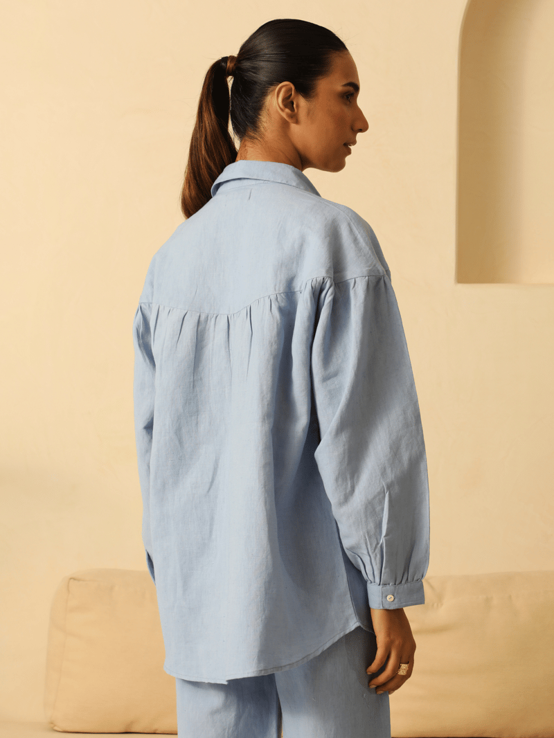 Powder Blue Linen-Blend Oversized Shirt and Pants Co-ord