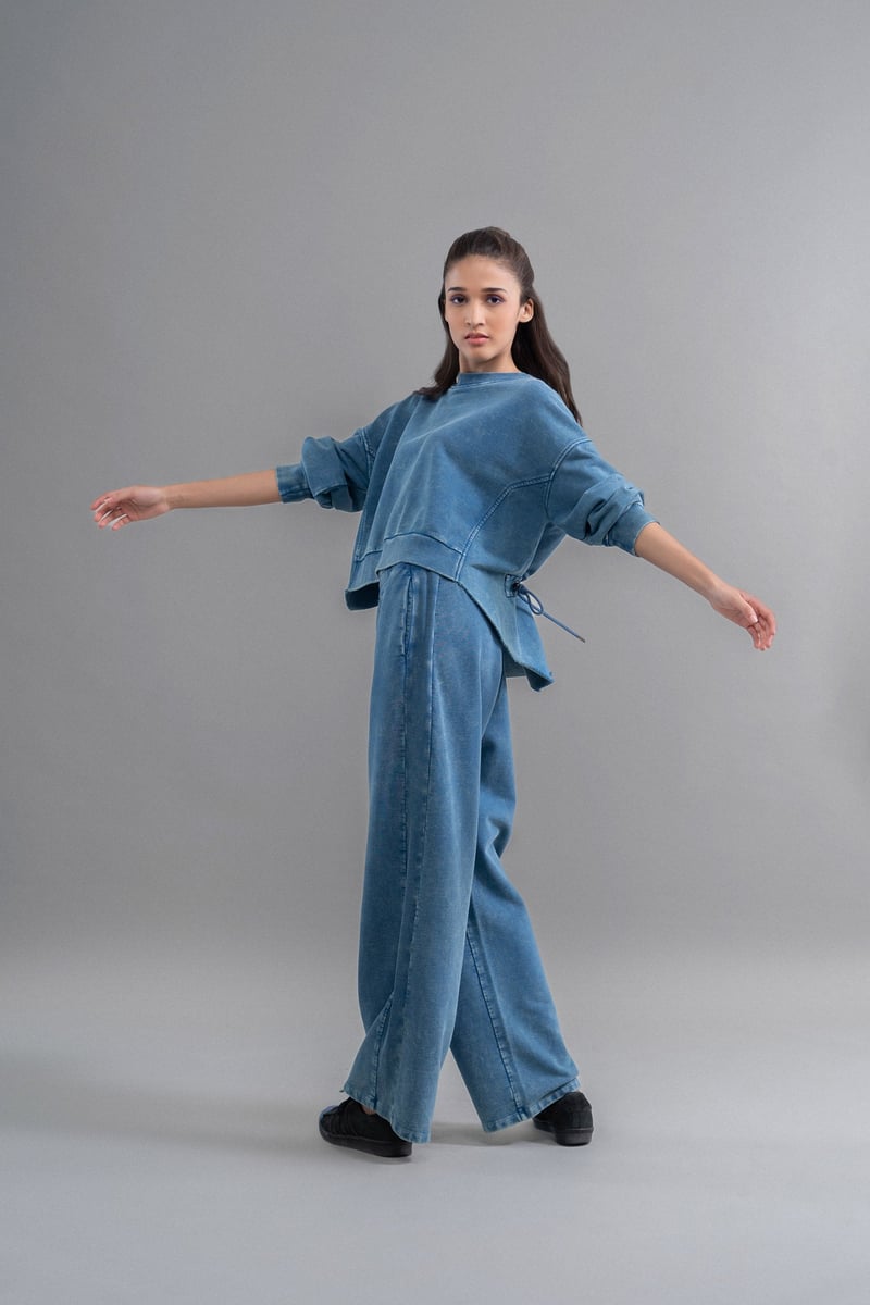 Blue Cotton Terry Straight-Leg Travel Trousers