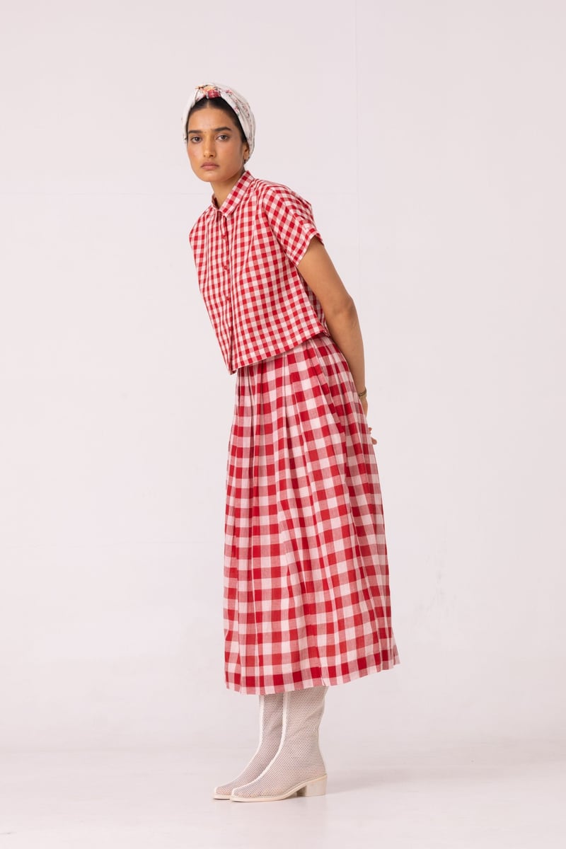 Red Checked Handwoven Cotton Midi Skirt with Box Pleats