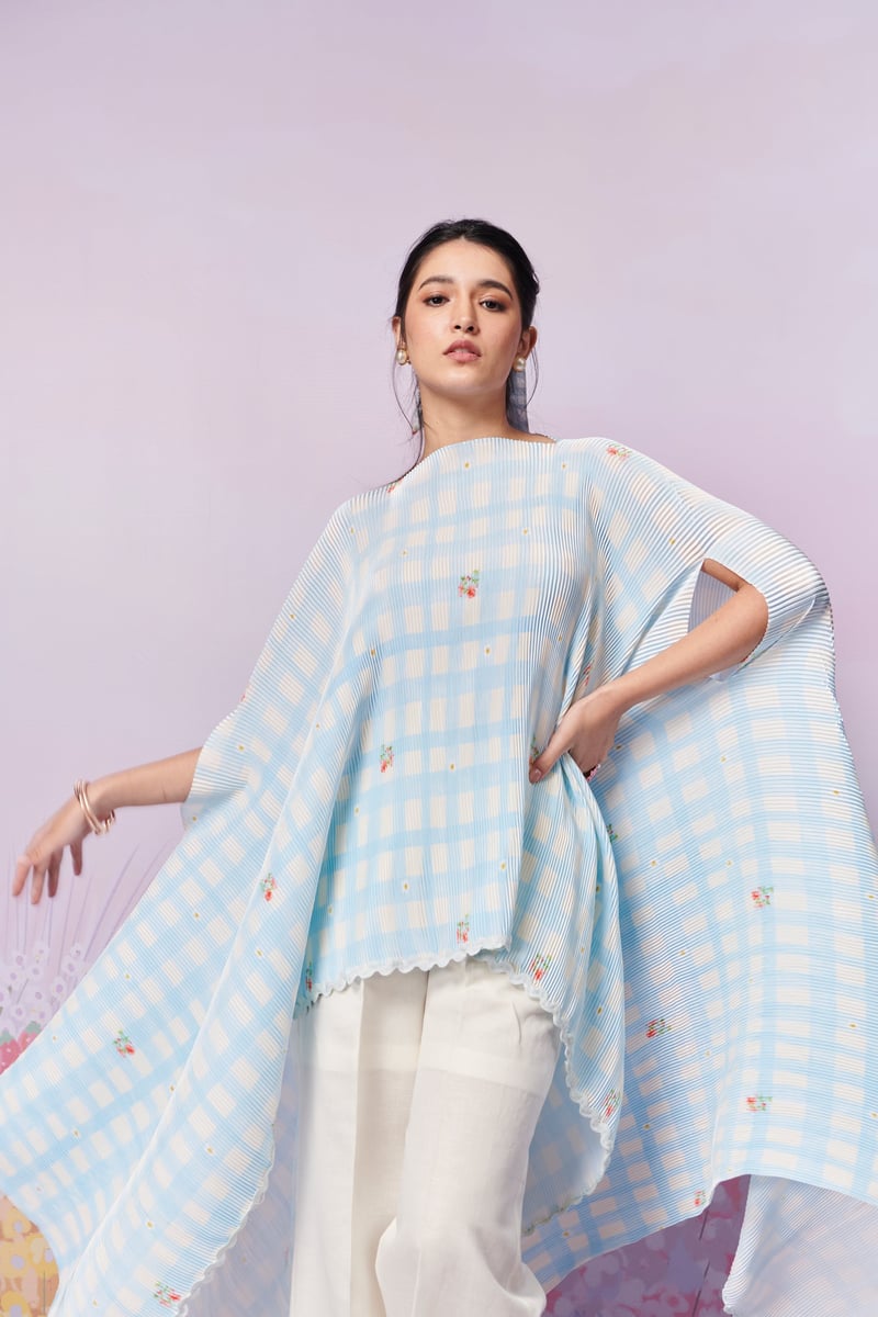 Blue/White Gingham Pleated Cape Overlay