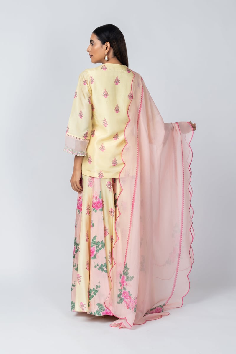 Yellow Floral Silk Kurta Sharara Set with Organza Dupatta