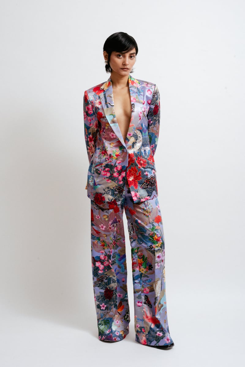 Multicolor Digital Print Wide-Leg Satin Trousers