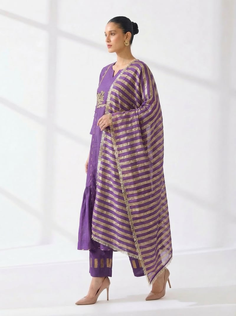 Purple Chanderi A-Line Kurta Set with Yoke Embroidery