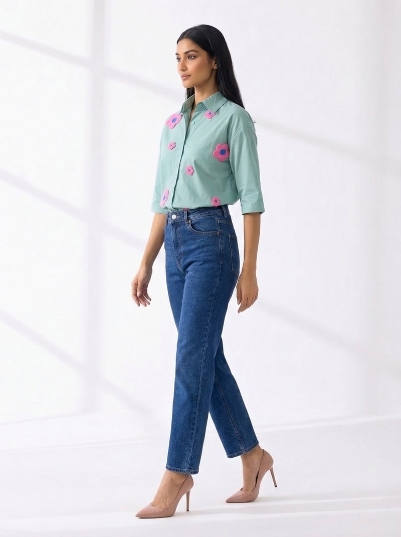 Boxy Fit Blue Shirt with Pink Flower Embroidery
