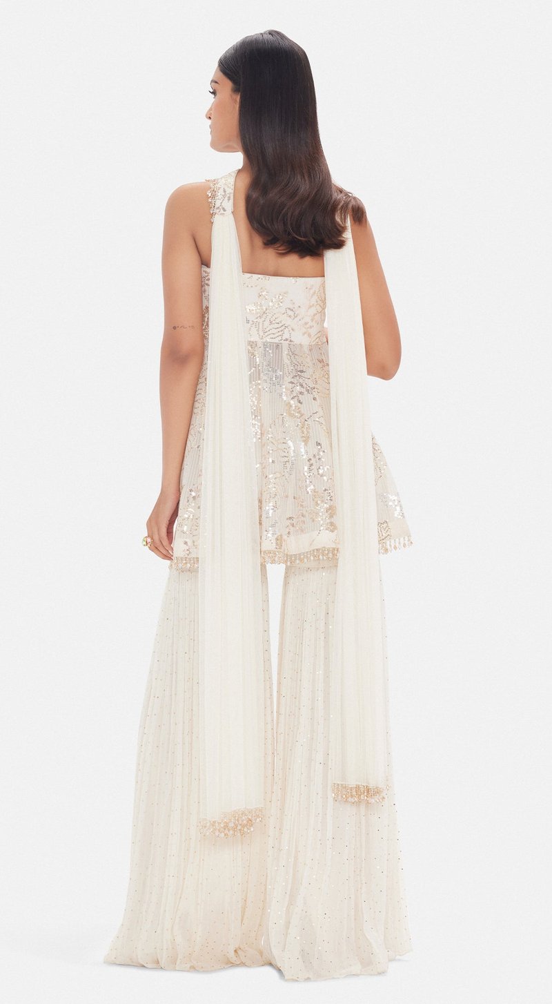 Ivory Georgette Off-Shoulder Peplum Sharara Set