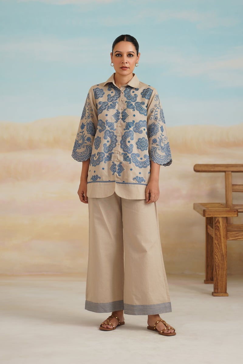 Beige Cotton Linen Embroidered Shirt and Pants Co-ord Set