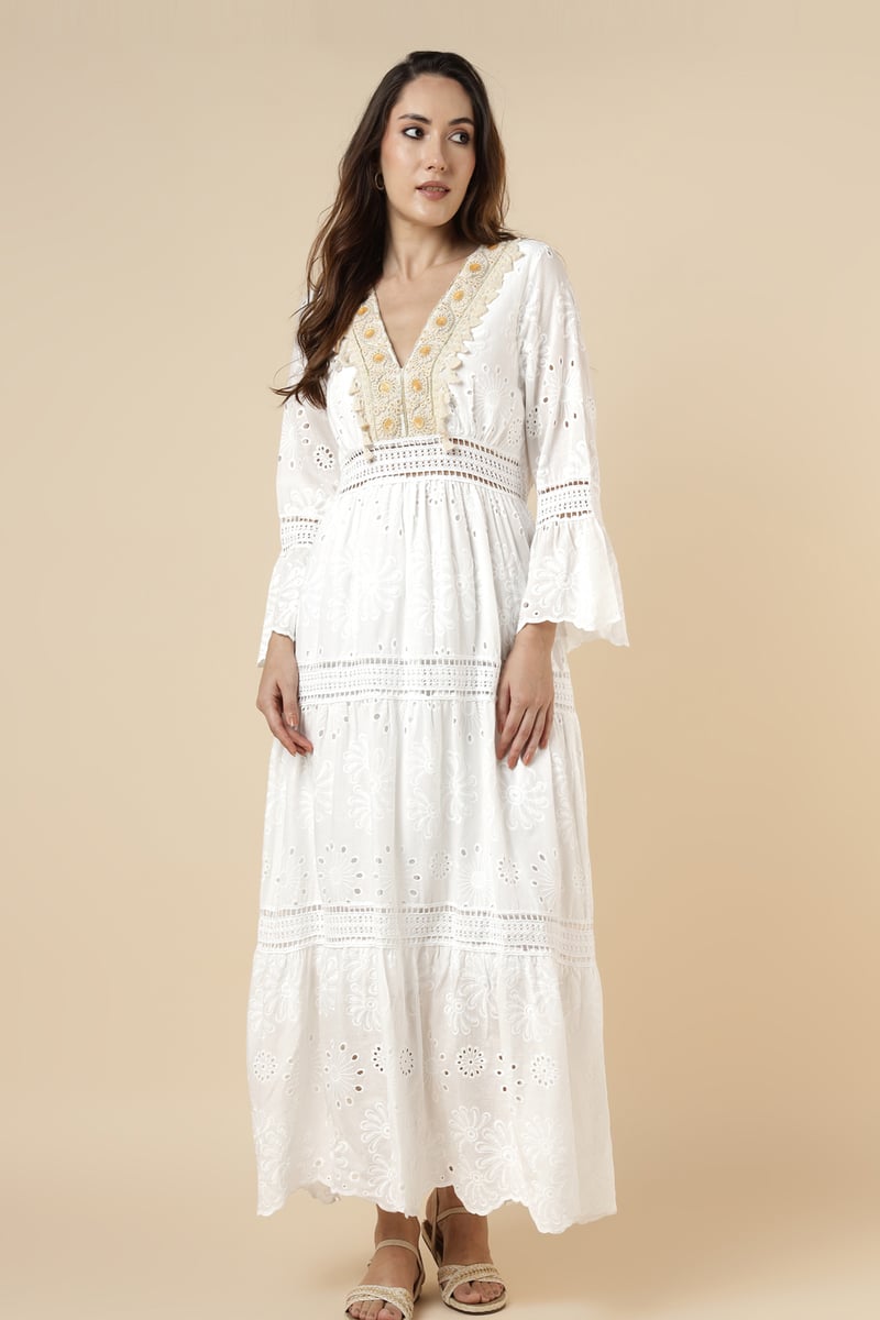 Ekru Tiered Cutwork Maxi Dress with Embellished V-Neck