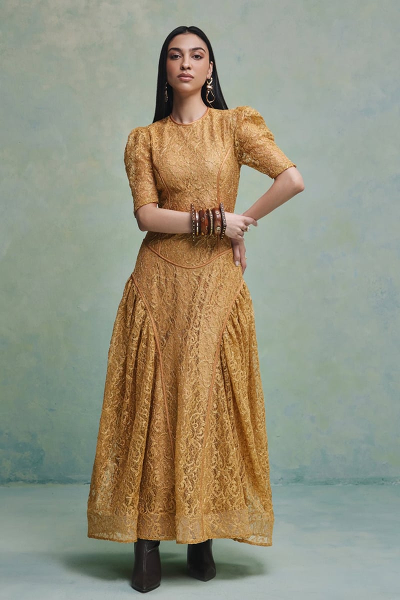 Yellow Chantilly Lace Basque-Waist Maxi Dress