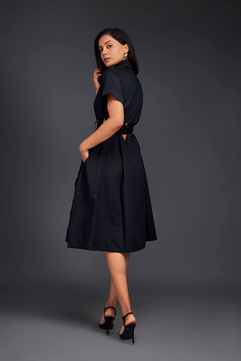 Black Midi Shirt Dress with Belt and Waist Cut-Outs