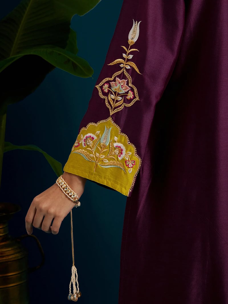 Purple Embroidered Yoke Kurta and Pant Set
