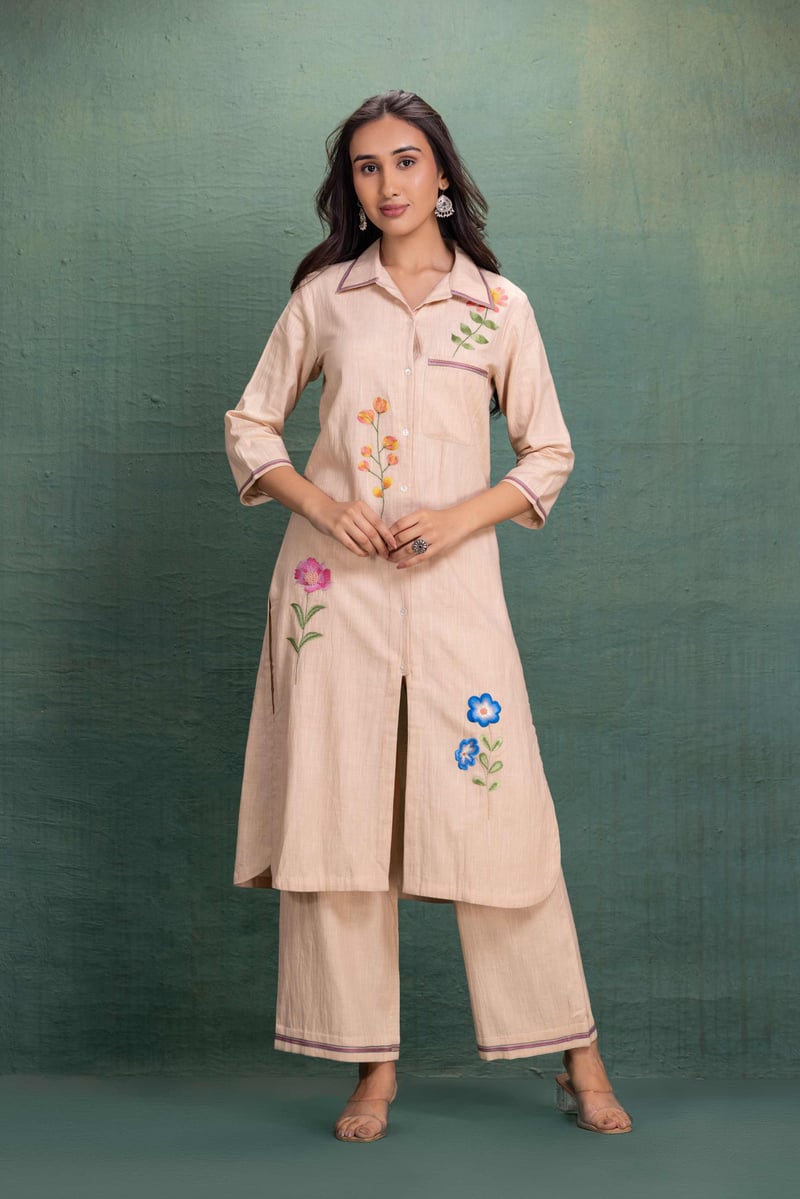 Beige Machine Embroidery Coord Set
