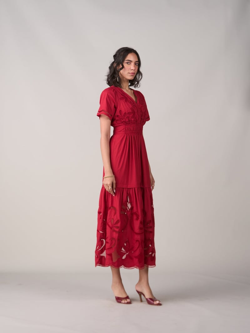 Red Cutwork Tiered Maxi Dress with Smocked Waist