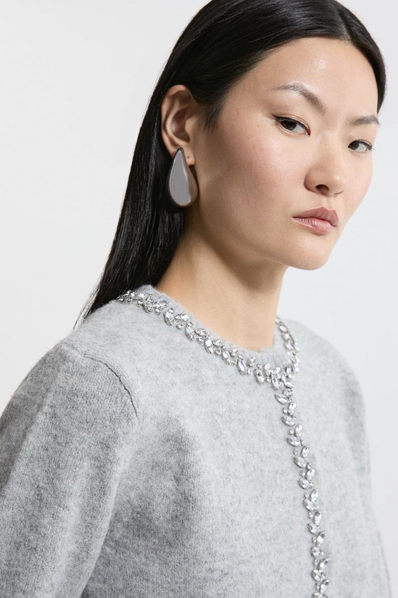 Grey Crystal-Trim Cosy Knit Cardigan