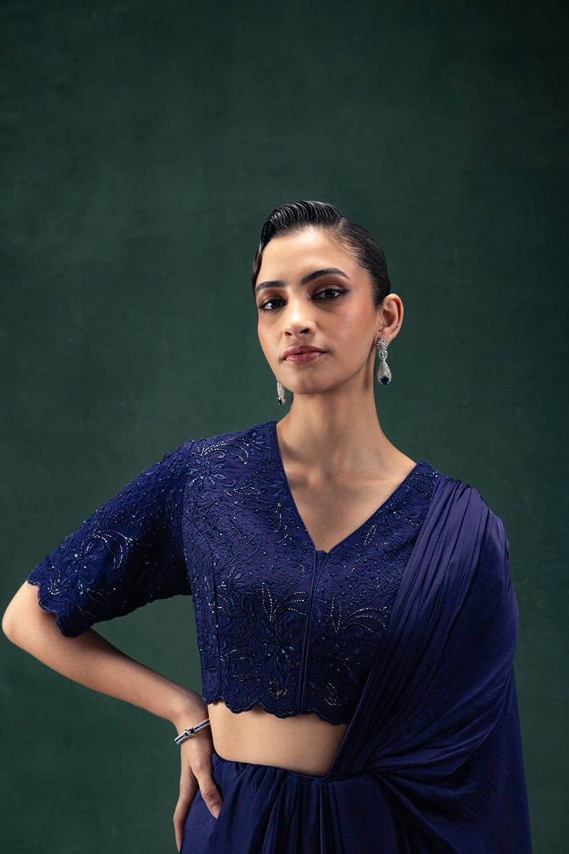 Navy Blue Draped Saree Set with Embroidered Blouse