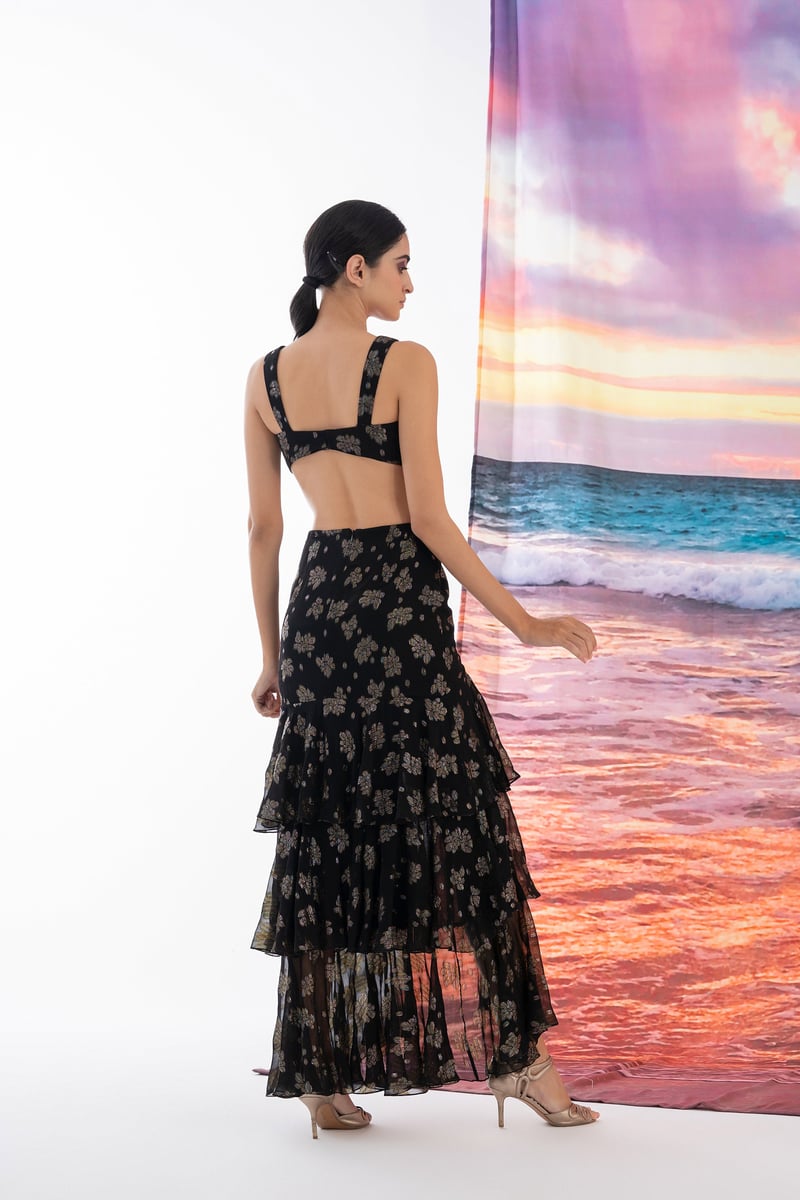 Black Metallic Floral Cut-Out Tiered Maxi Dress