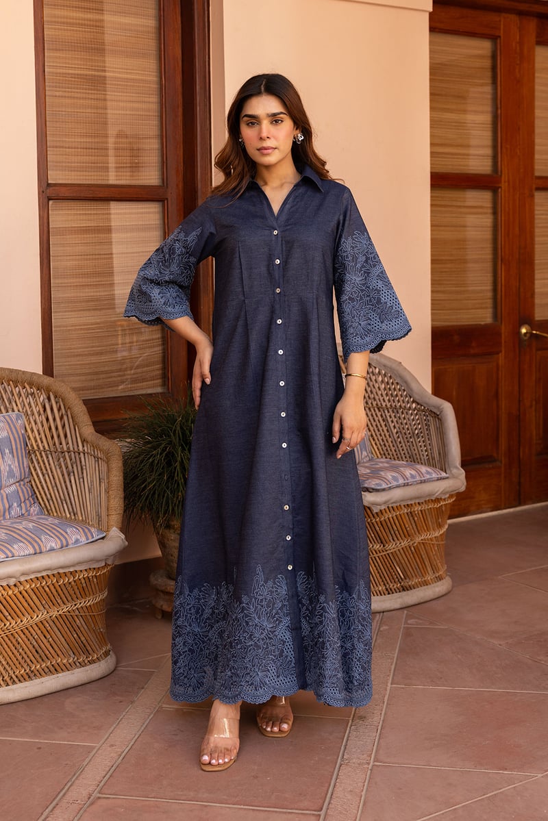 Blue Denim Maxi Shirt Dress with Belt and Cutwork Hem