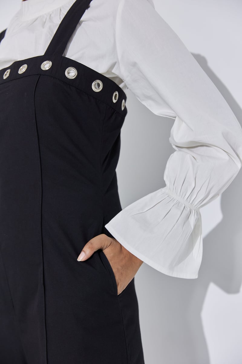 Black Poplin Dungaree-Style Straight-Leg Jumpsuit