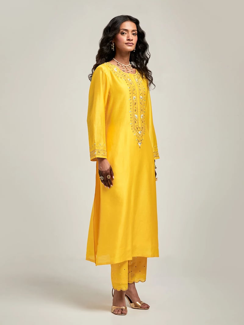 Yellow Silk Chanderi Embroidered Kurta Set with Pants