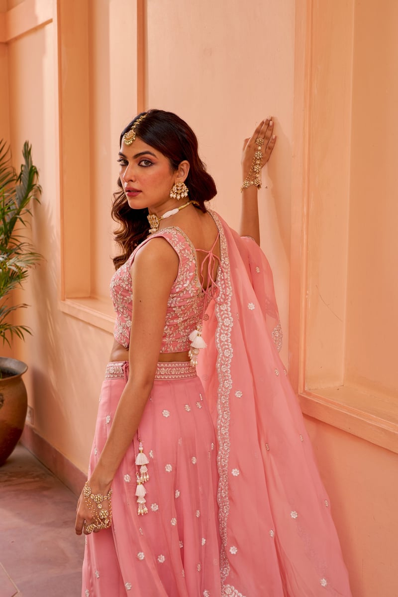 Pink Organza Embroidered Lehenga Set with Dupatta