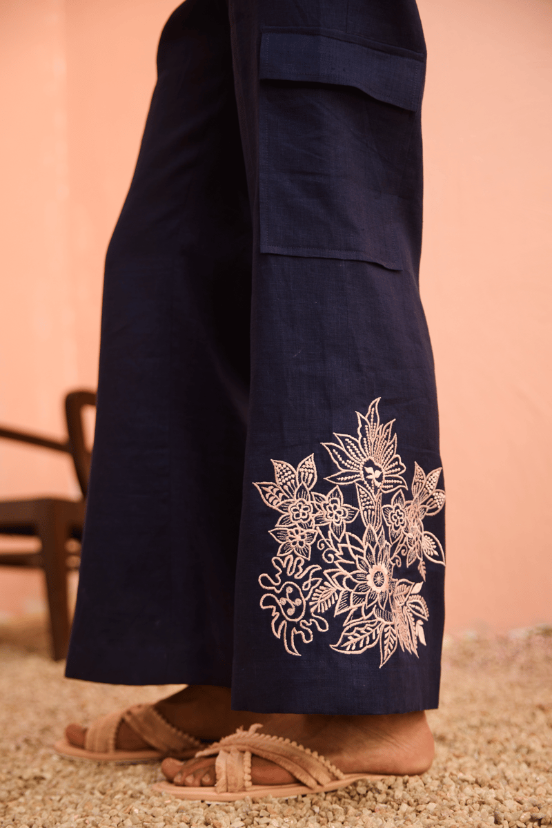 Navy Linen Embroidered Shirt and Flared Pants Co-ord Set
