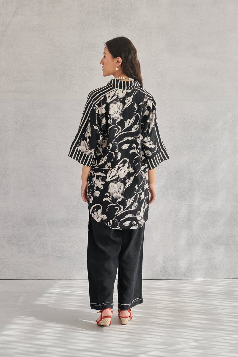 Black Longline Floral Printed Button-Down Shirt