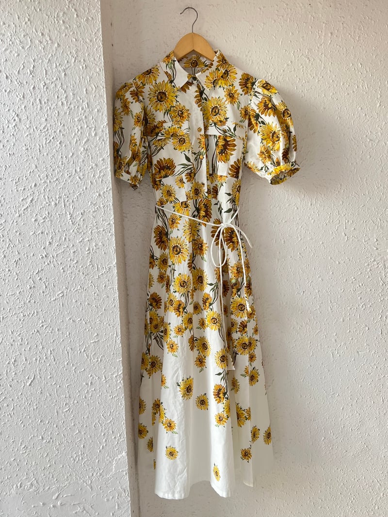 White Sunflower Print Poplin Shirt Dress with Tie Belt