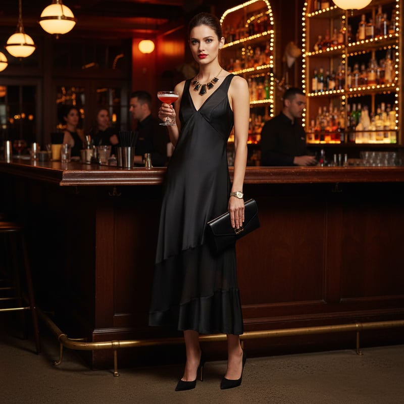 Black Satin Slip Midi Dress with Sheer Hem Panels