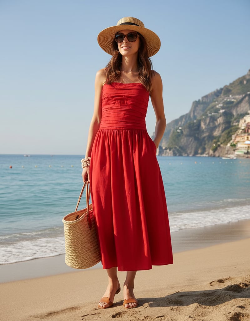Red Bandeau Fit and Flare Midi Dress with Pockets