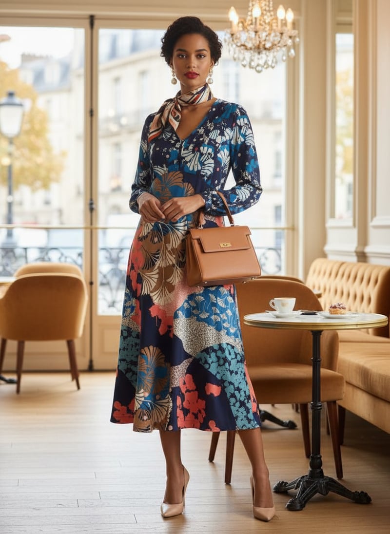 Navy Multi Printed Jersey Fit and Flare Midi Dress