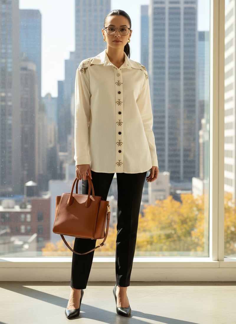 Ecru Cotton Twill Embroidered Button-Down Shirt